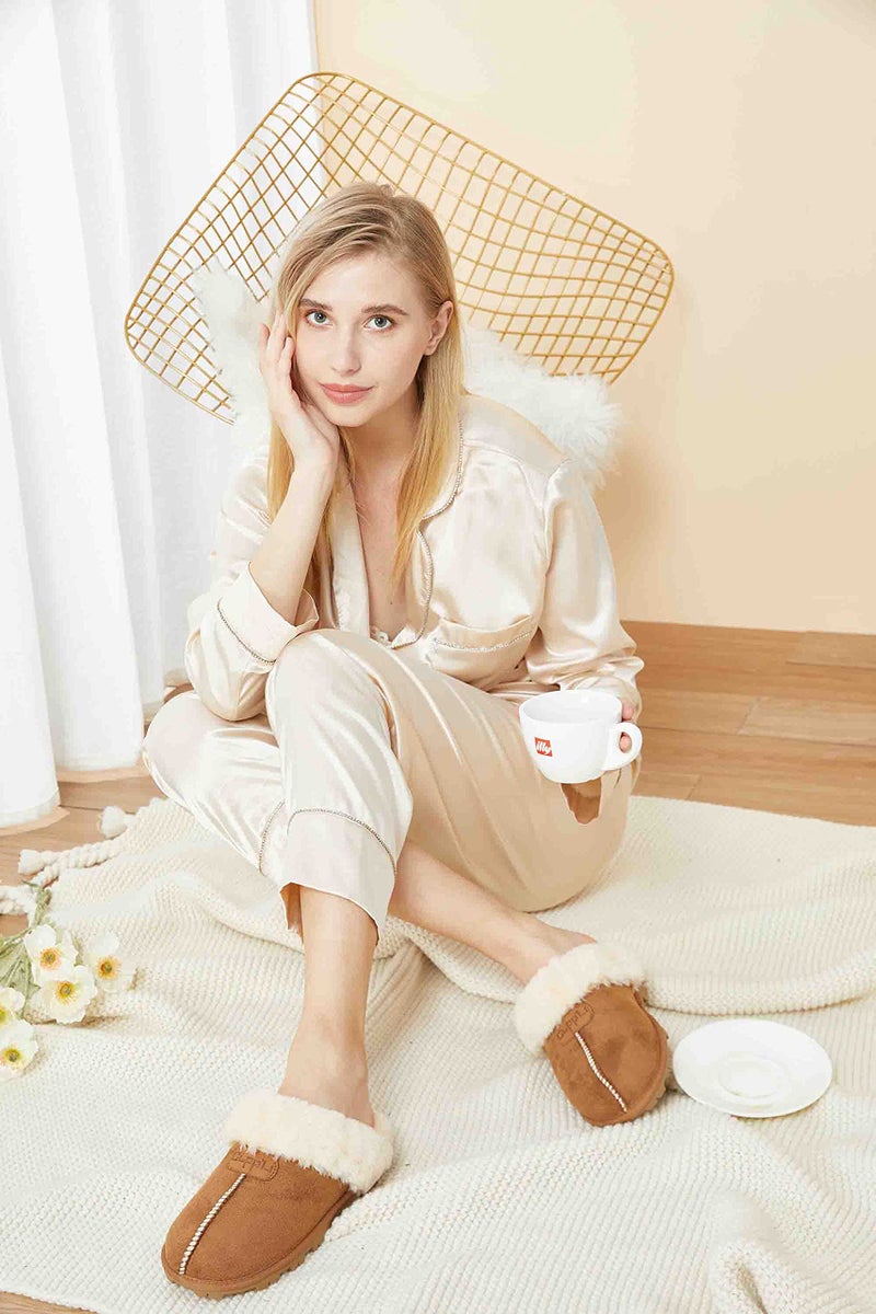 CLPP'LI Womens Slip on Faux Fur Warm Winter Mules Fluffy Suede Comfy Slippers-Tan-7 - Image 2